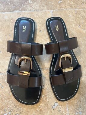 ZARA Brown Leather Slide Sandals with Gold Buckle Accents